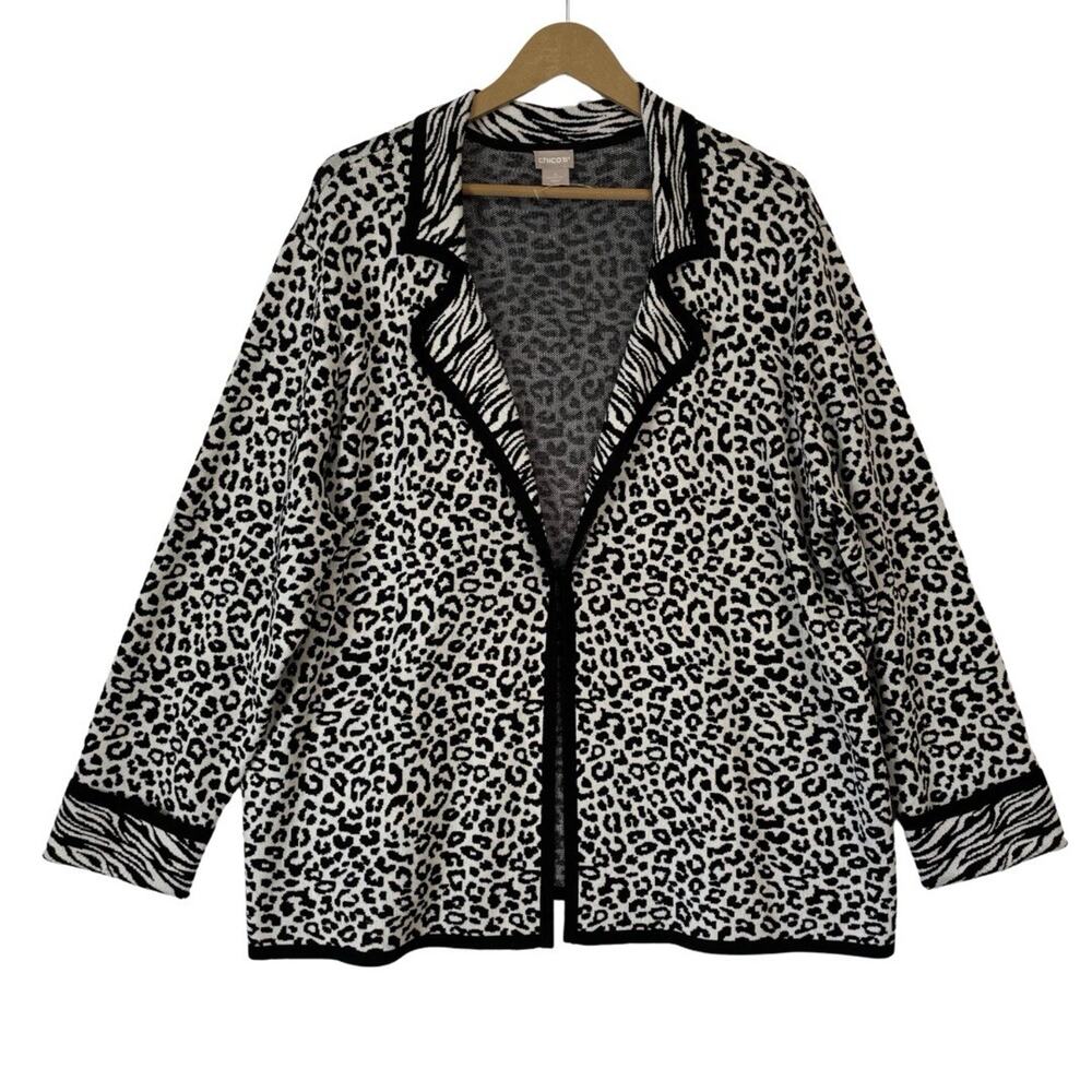 Chico’s Cardigan Sweater Size 4 XXL 2X Black Ecru Animal Open Front Blazer NEW